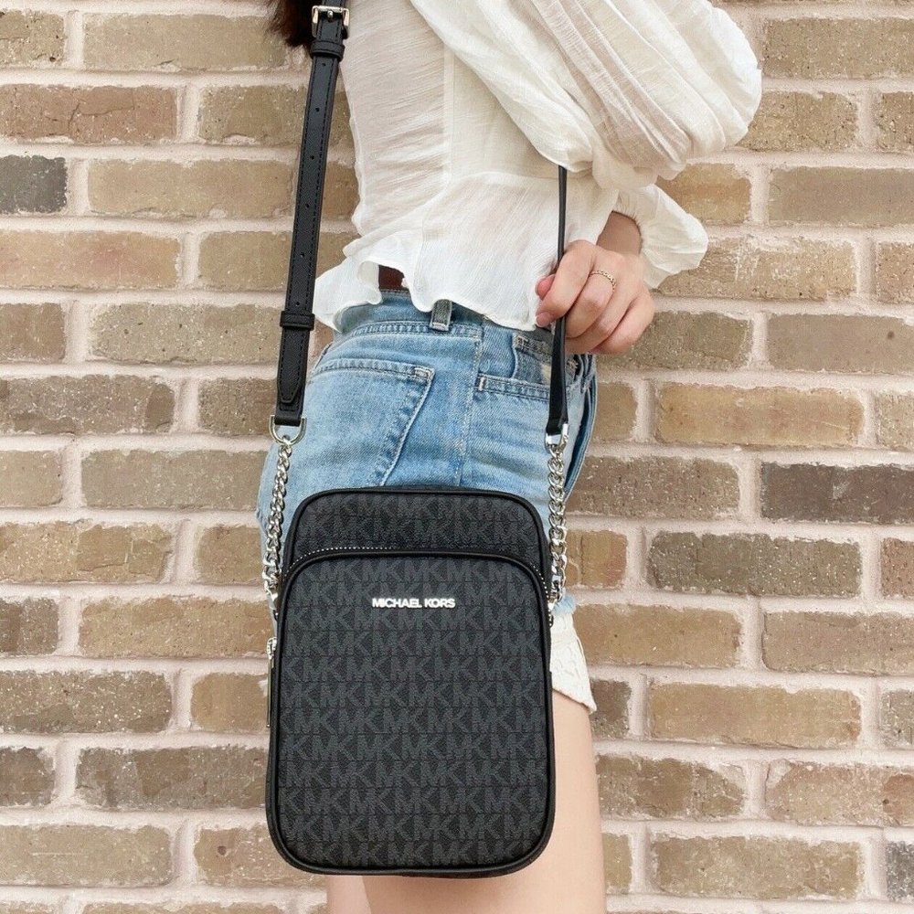 Michael Kors Flight Bag Jet Set Chain North South Crossbody Black MK Signature - Picture 4 of 6